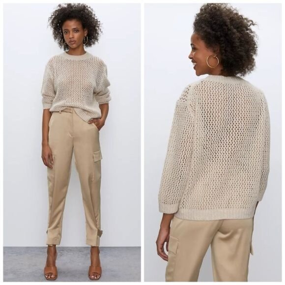 Babaton Aritzia Antiqua knit mesh wool top tan Oyster color Small - Picture 3 of 10